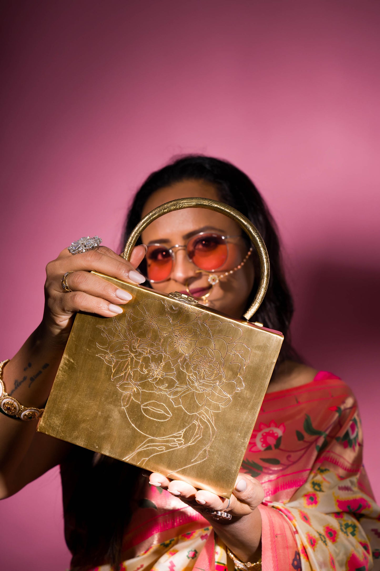 Chic Square Brass bag with Floral Lady