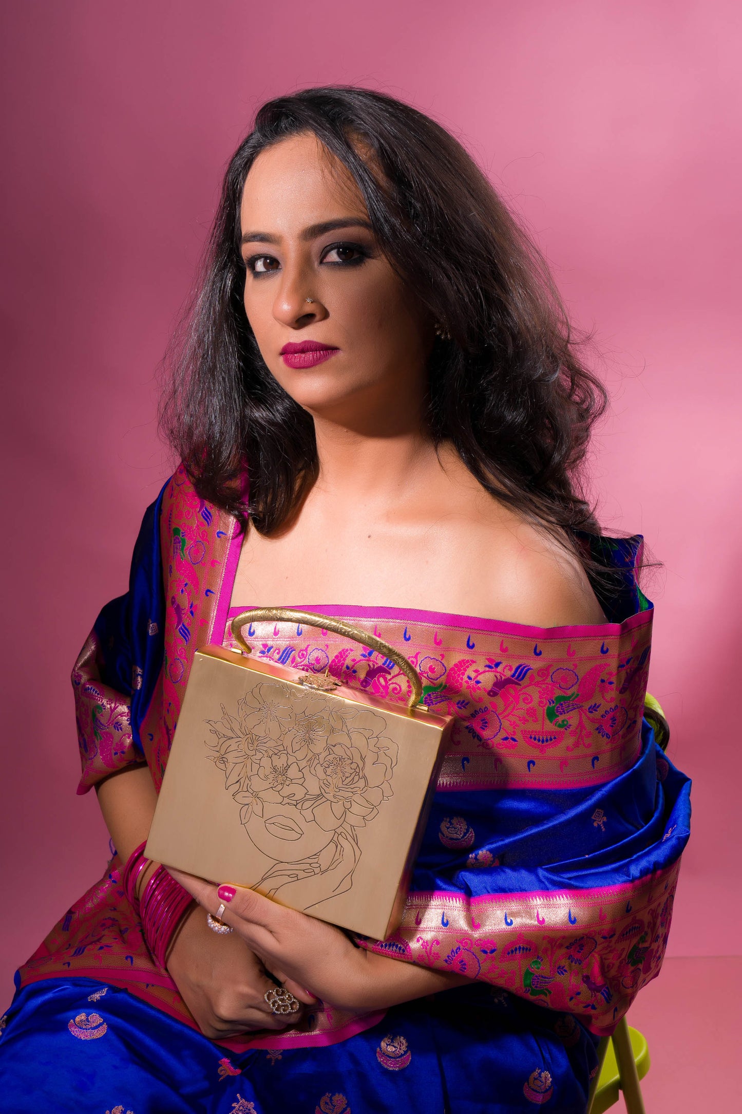 Chic Square Brass bag with Floral Lady