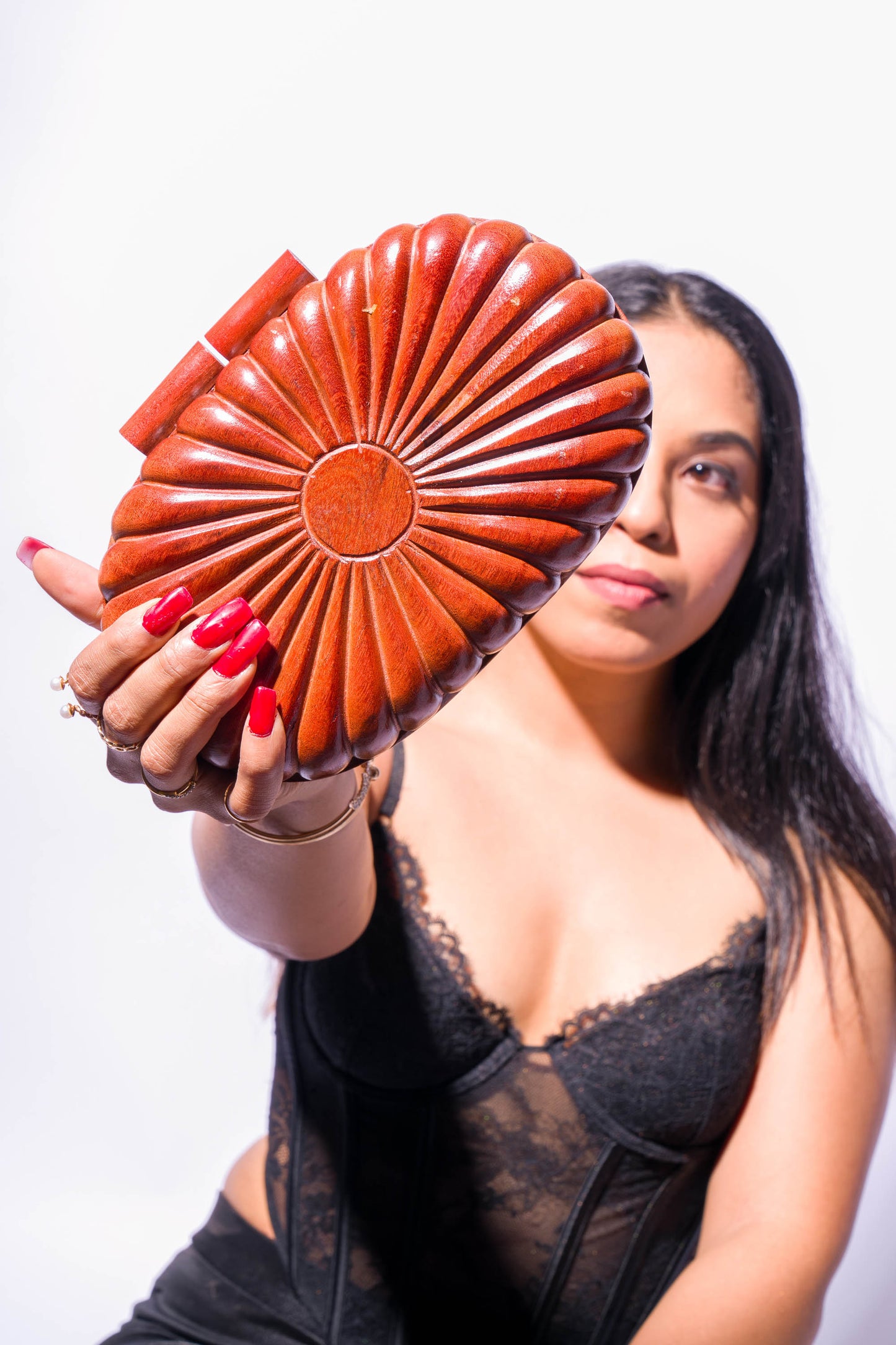 The Royals Hand Carved capsule bag in Acacia wood