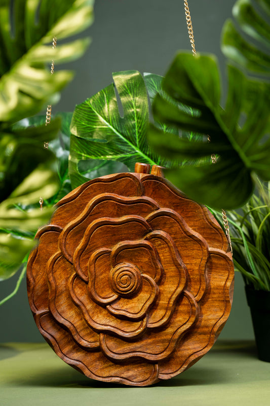 Rose Hand Carved Handbag in Sheesham wood