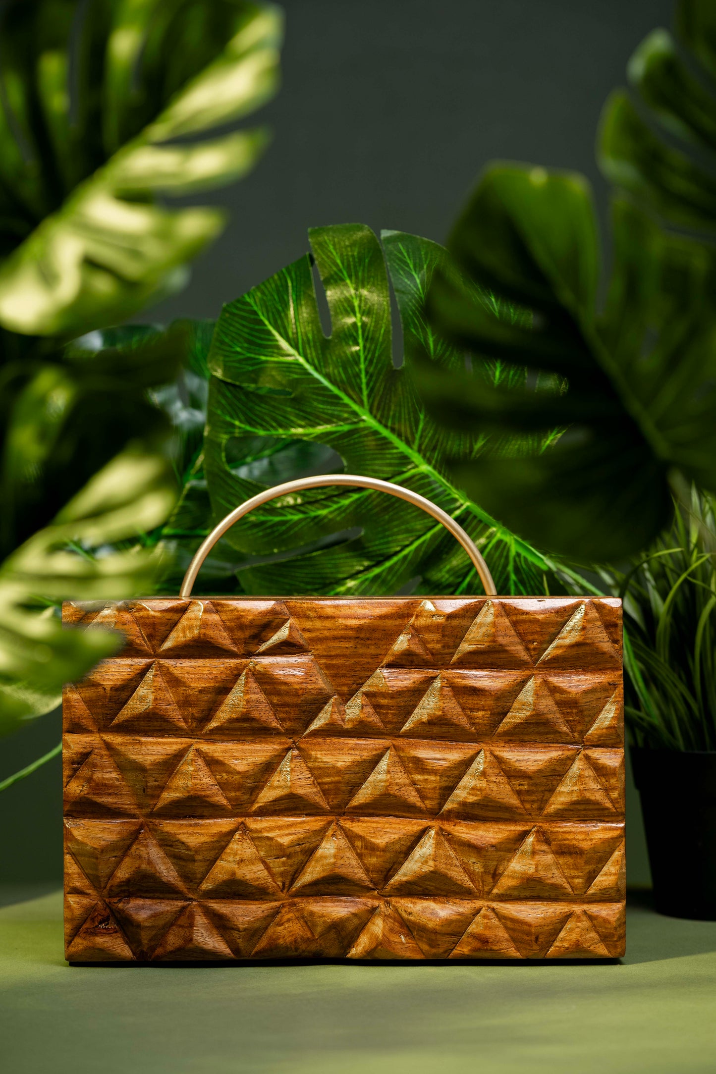 Hand Carved Triangle Geometric pattern bag with half round handle