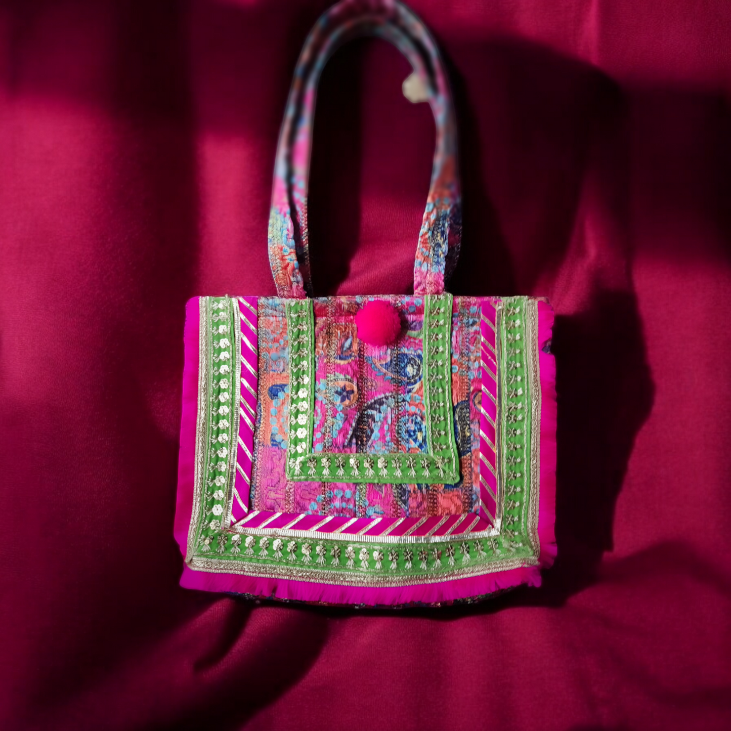 XLarge size Tote Bag in imported Fuscia Jacquard fabric with frill borders