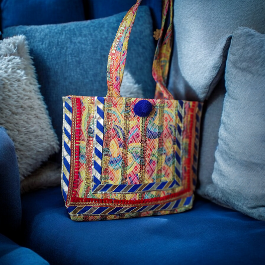XLarge Size Tote in Zari Jacquard fabric with blue pompom
