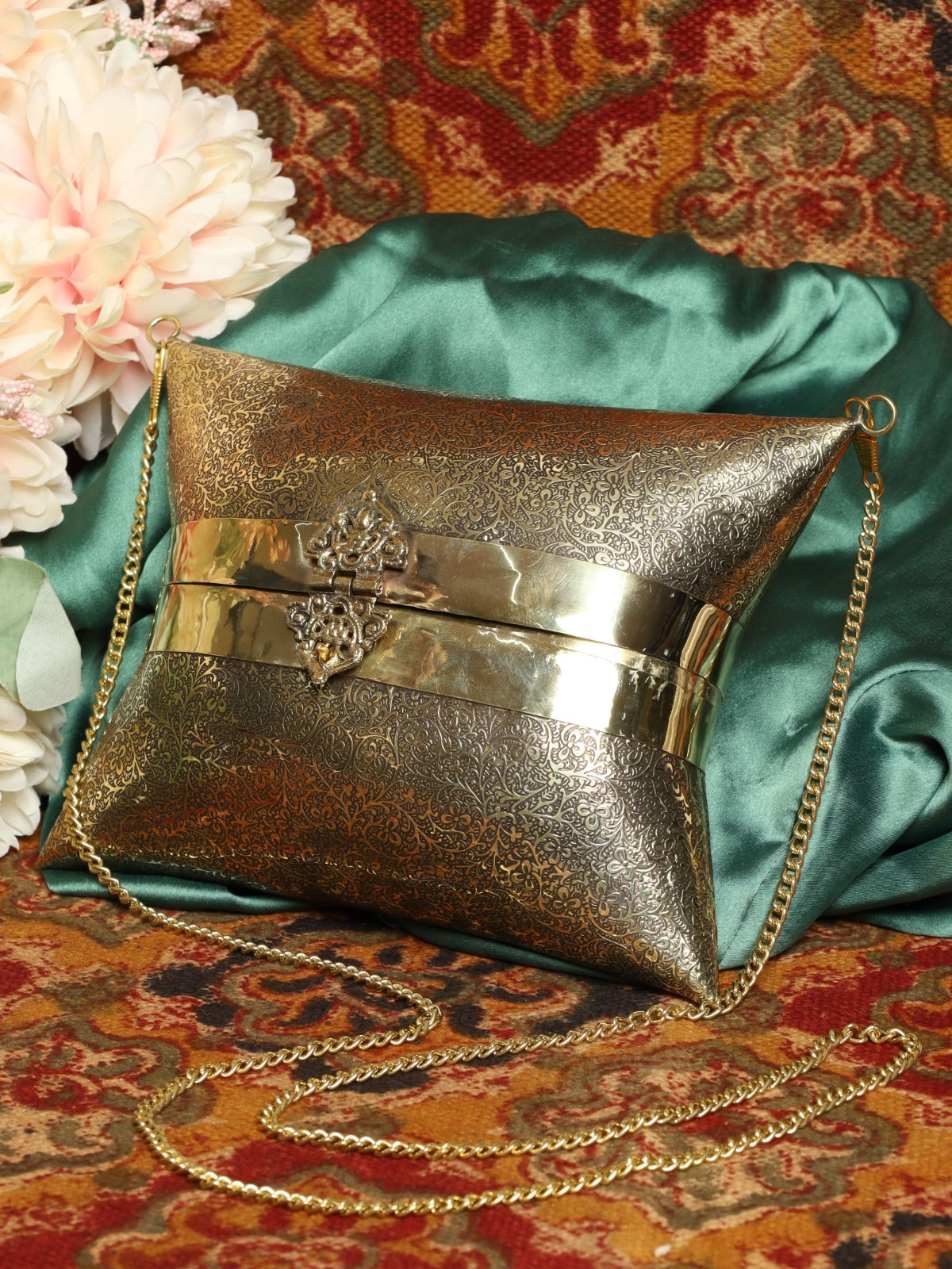 Aafreen engraved intricate pattern handbag in gold antique finish