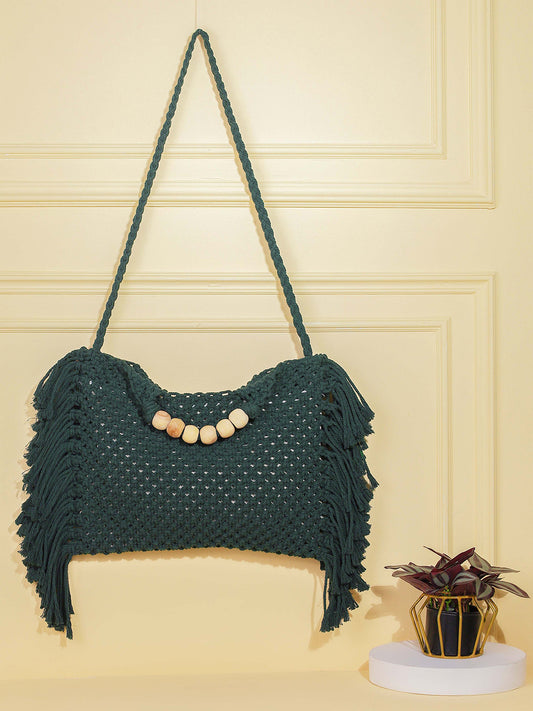 Fringed Boho Macrame Bag - Bottle green