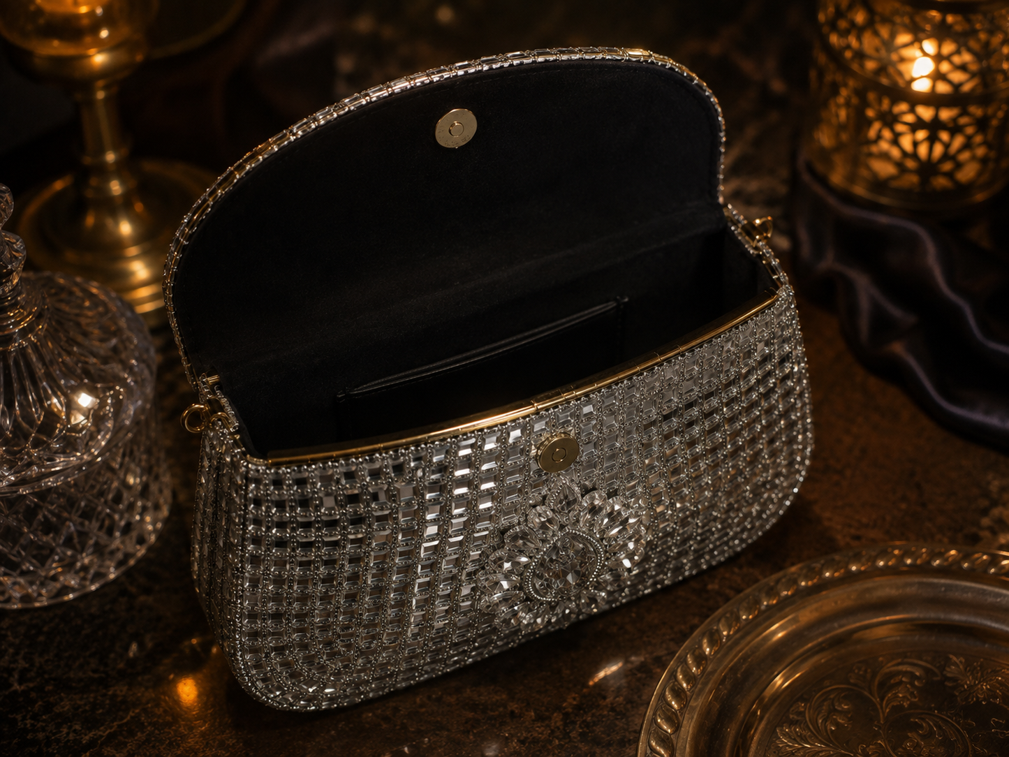Sheesh Mahal Buta Glass mosaic brass clutch Silver Square
