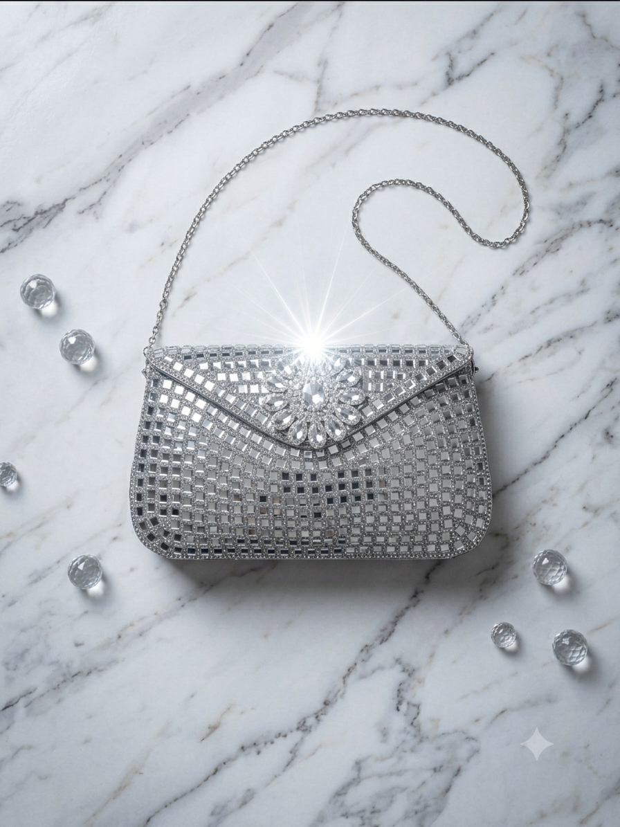 Sheesh Mahal Buta Glass Mosaic Brass Bag Silver Rectangle
