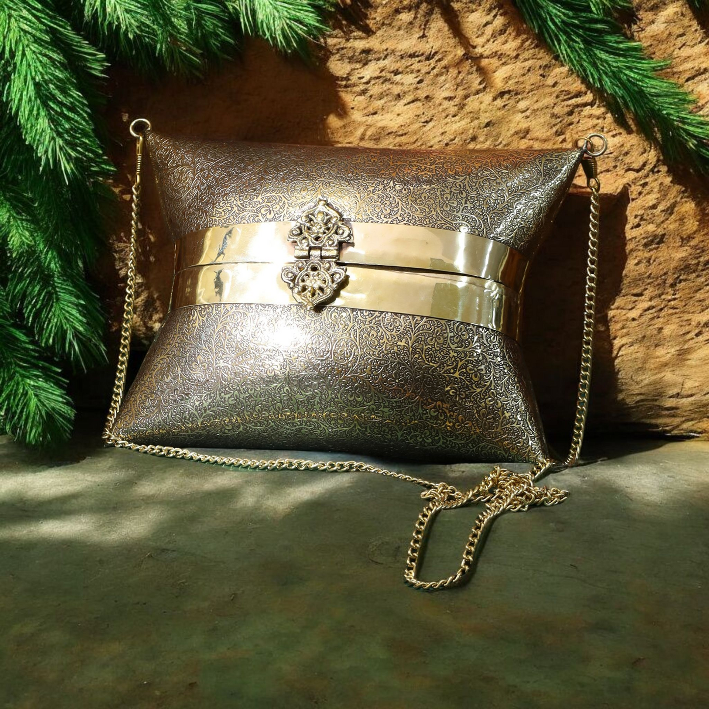 Aafreen engraved intricate pattern handbag in gold antique finish
