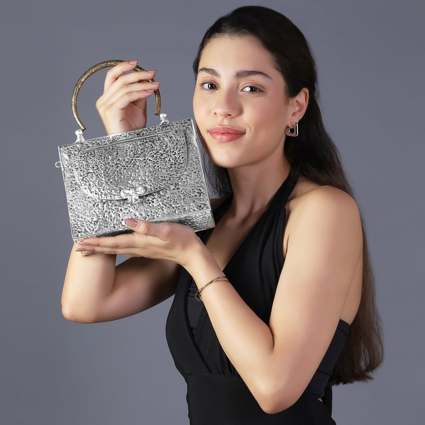 Traingle Hammered Brass Handbag in Antique Silver finish