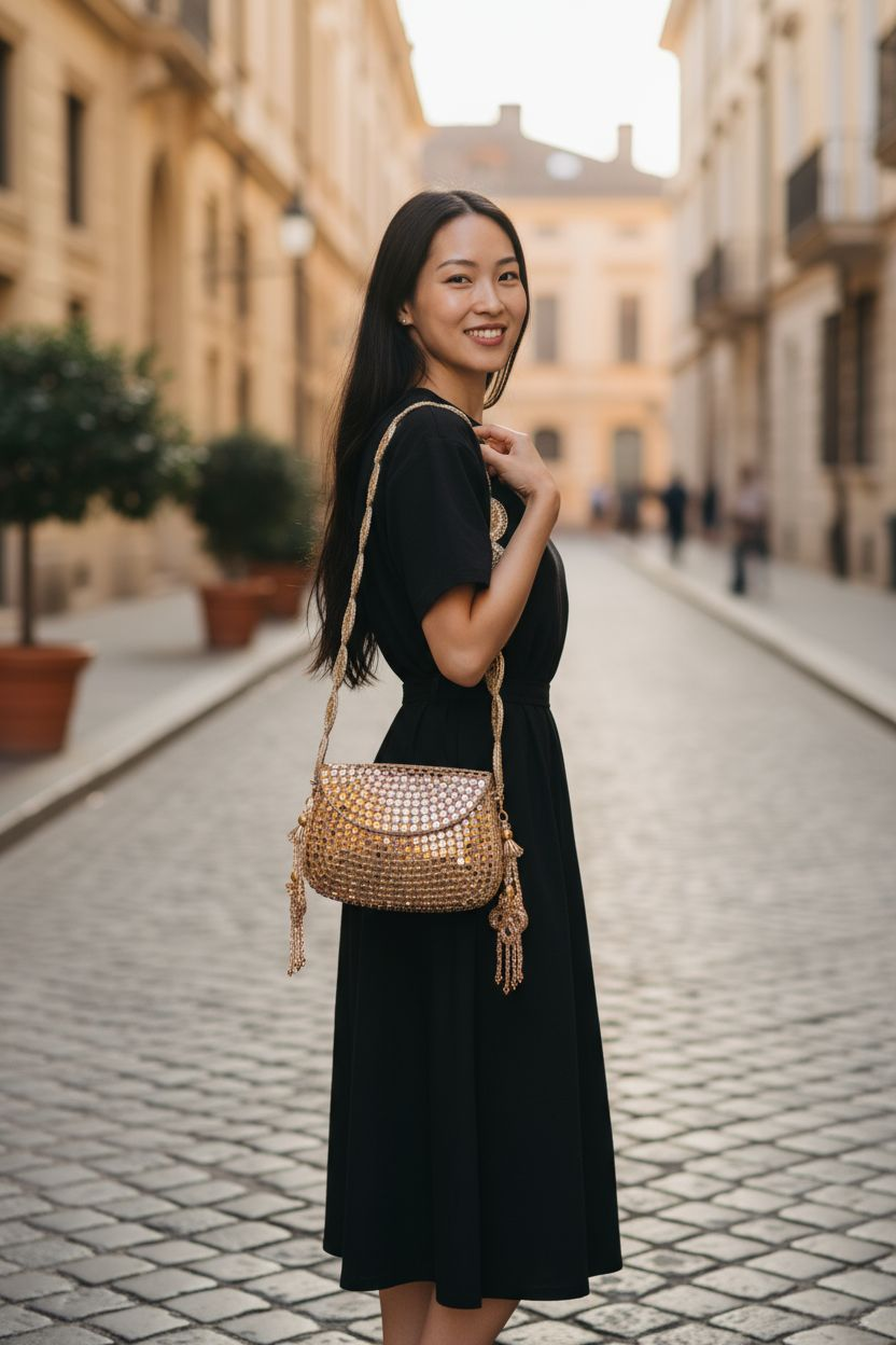 Sheesh Mahal - Glass Mosaic Brass Bag in Rose Gold Tone