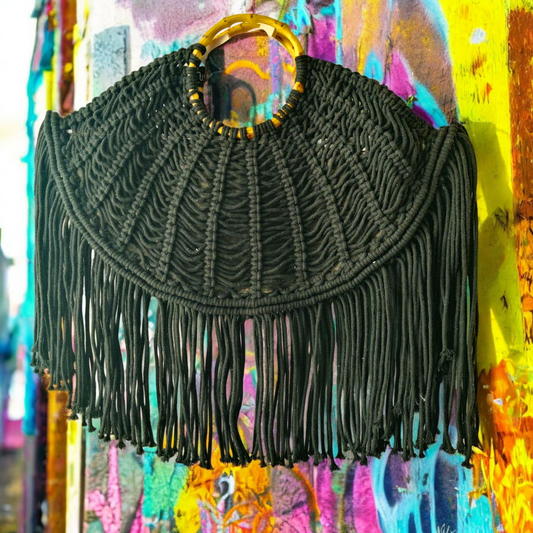 Fringed Macrame Boho Bag- Midnight Black