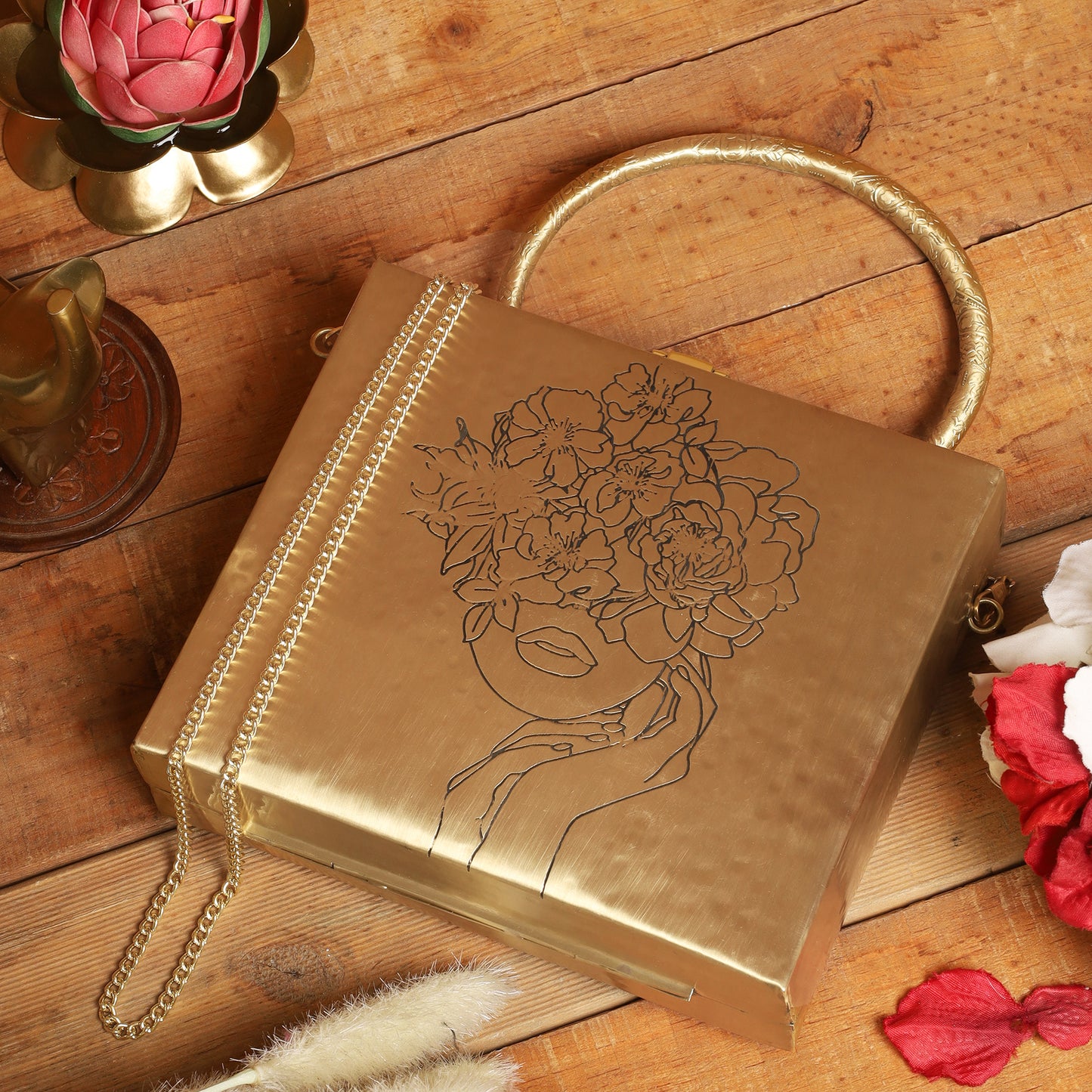 Chic Square Brass bag with Floral Lady