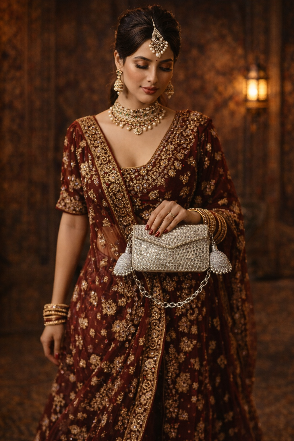 Sheesh Mahal Glass mosaic Rectangular handbag in silver tone