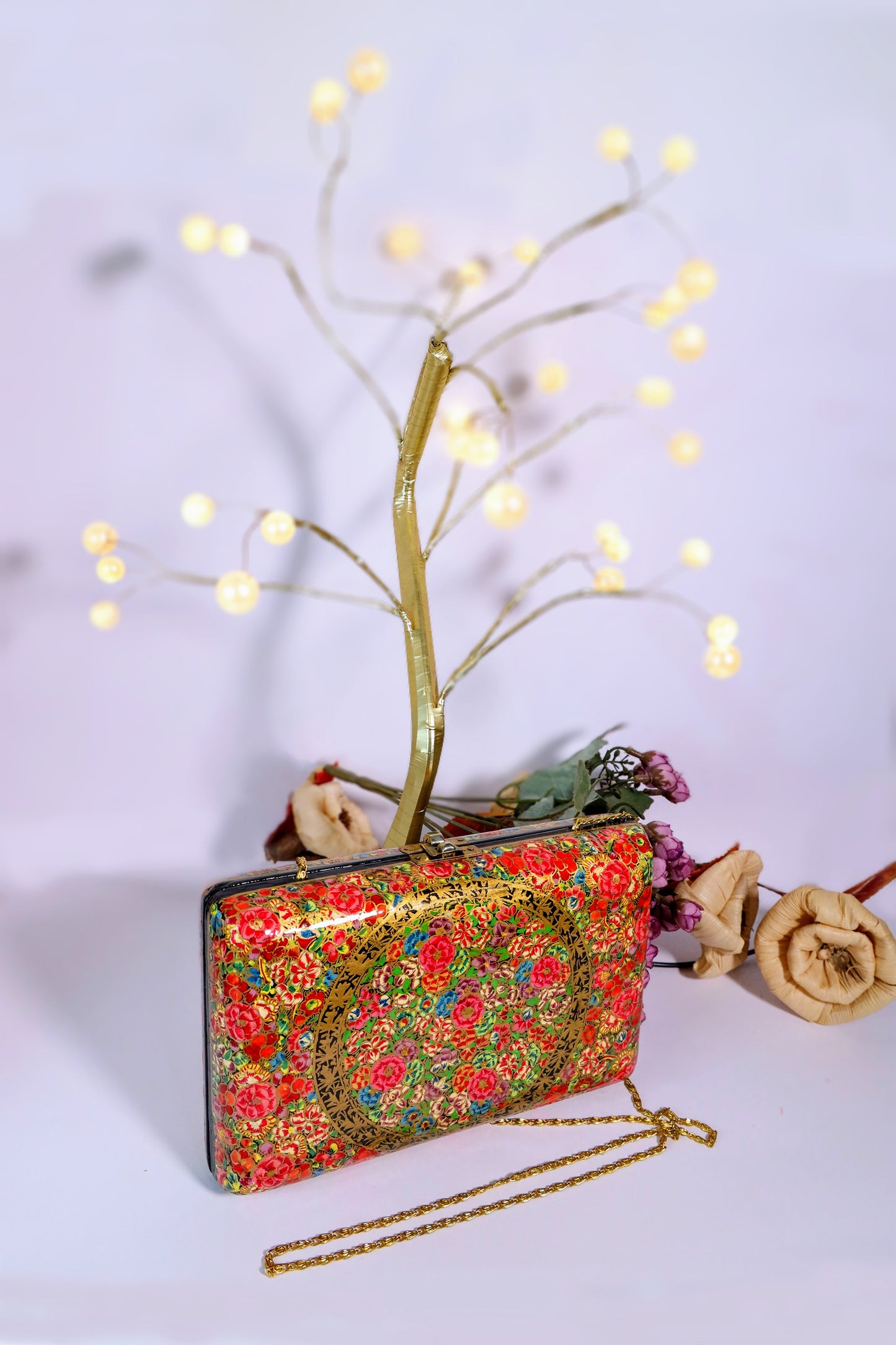 Kashmiri Papier Mache handmade clutch in Red n Pink Floral pattern