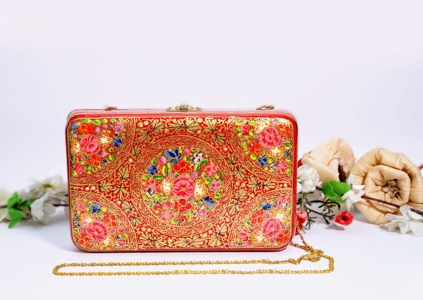 Kashmiri Papier Mache handmade bag in Hot Red and gold