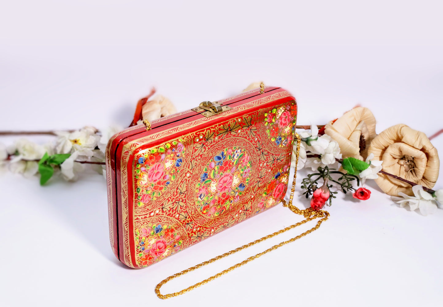 Kashmiri Papier Mache handmade bag in Hot Red and gold