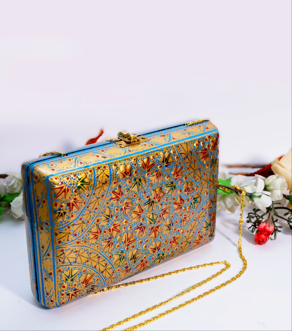 Kashmiri Papier Mache Hand painted bag in gold chinar motifs