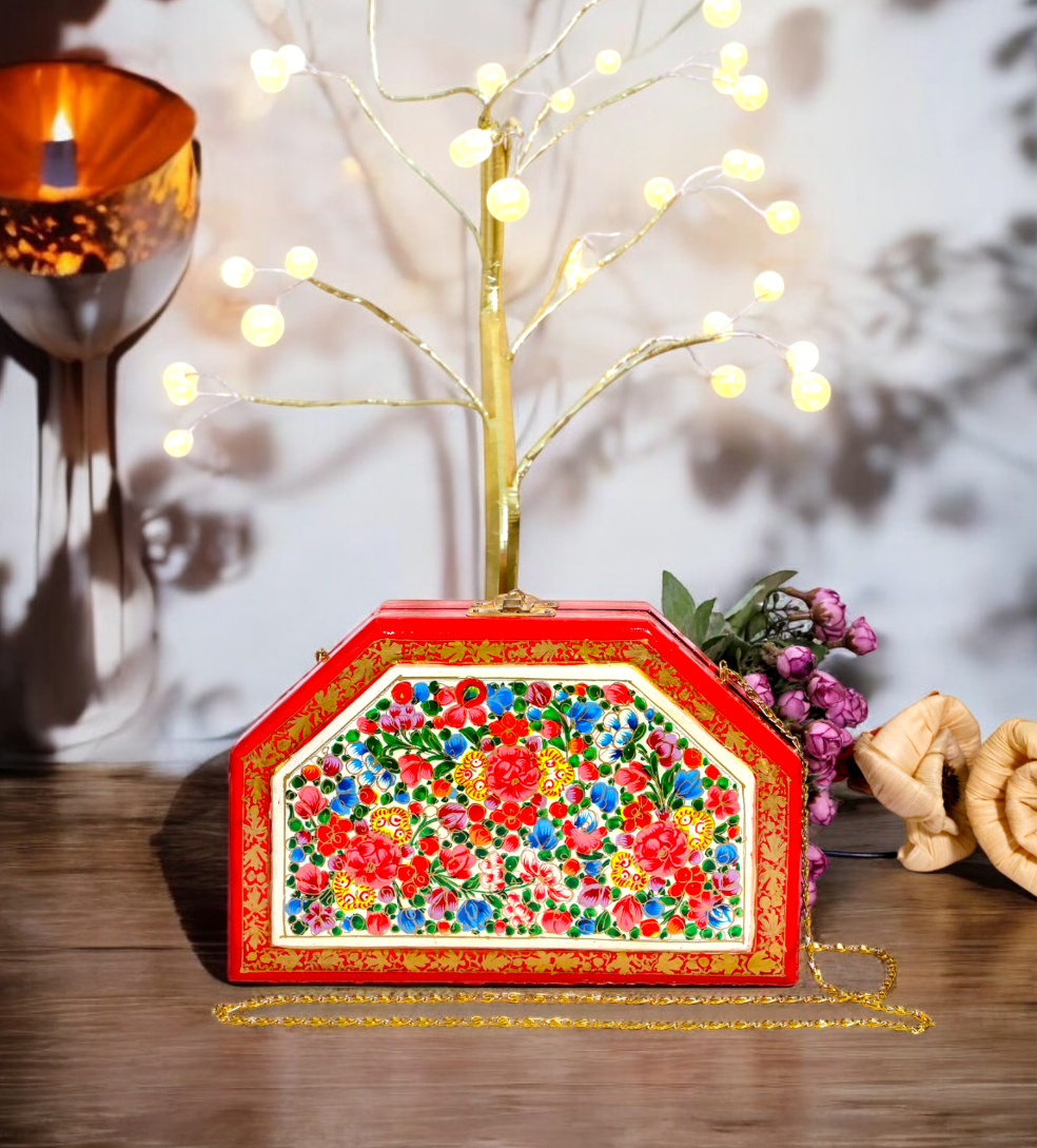 Kashmiri Papier Mache handmade bag in trapezoid shape