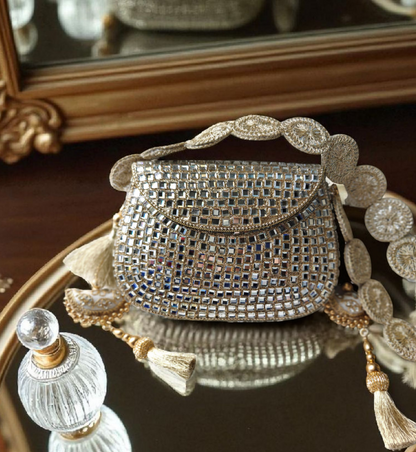 Sheesh Mahal - Glass mosaic Brass Bag in Silver tone