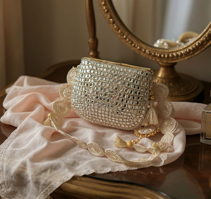 Sheesh Mahal - Glass mosaic Brass Bag in Silver tone