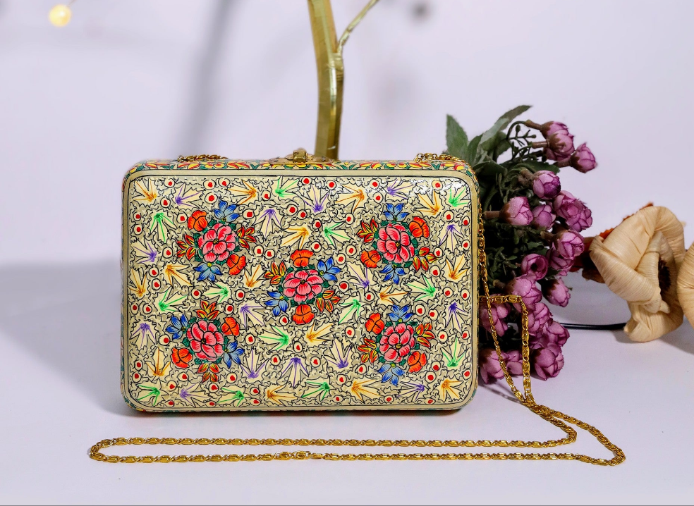 Kashmiri Papier Mache handmade clutch in beige