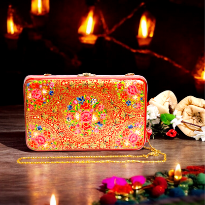 Kashmiri Papier Mache handmade clutch in red n gold Chinar motifs