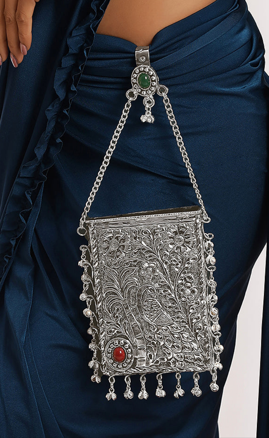 Handcrafted Peacock Brass Silver festive Mobile Pouch