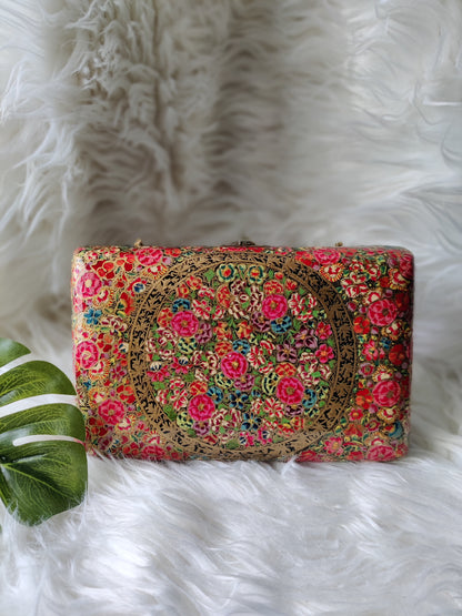 Kashmiri Papier Mache handmade clutch in Red n Pink Floral pattern