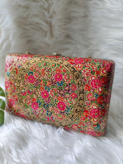 Kashmiri Papier Mache handmade clutch in Red n Pink Floral pattern