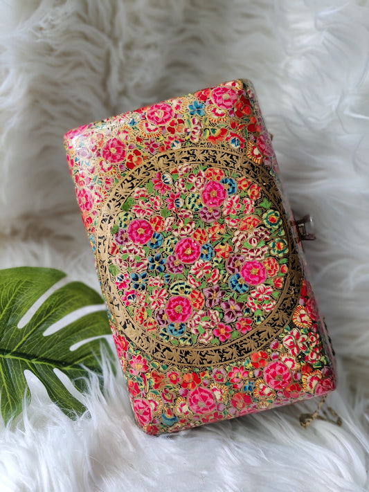 Kashmiri Papier Mache handmade clutch in Red n Pink Floral pattern