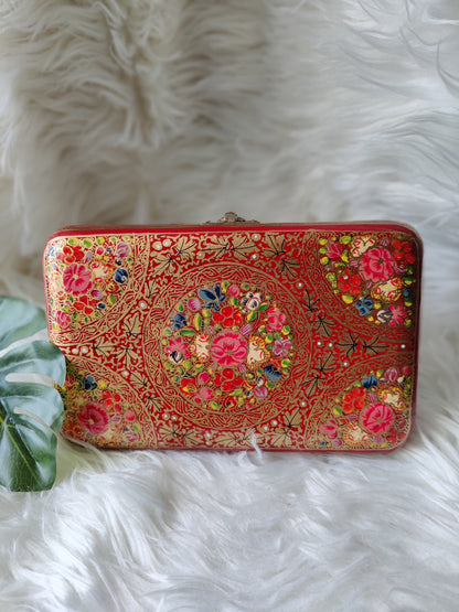 Kashmiri Papier Mache handmade bag in Hot Red and gold