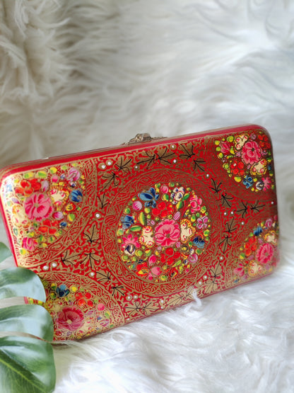 Kashmiri Papier Mache handmade bag in Hot Red and gold