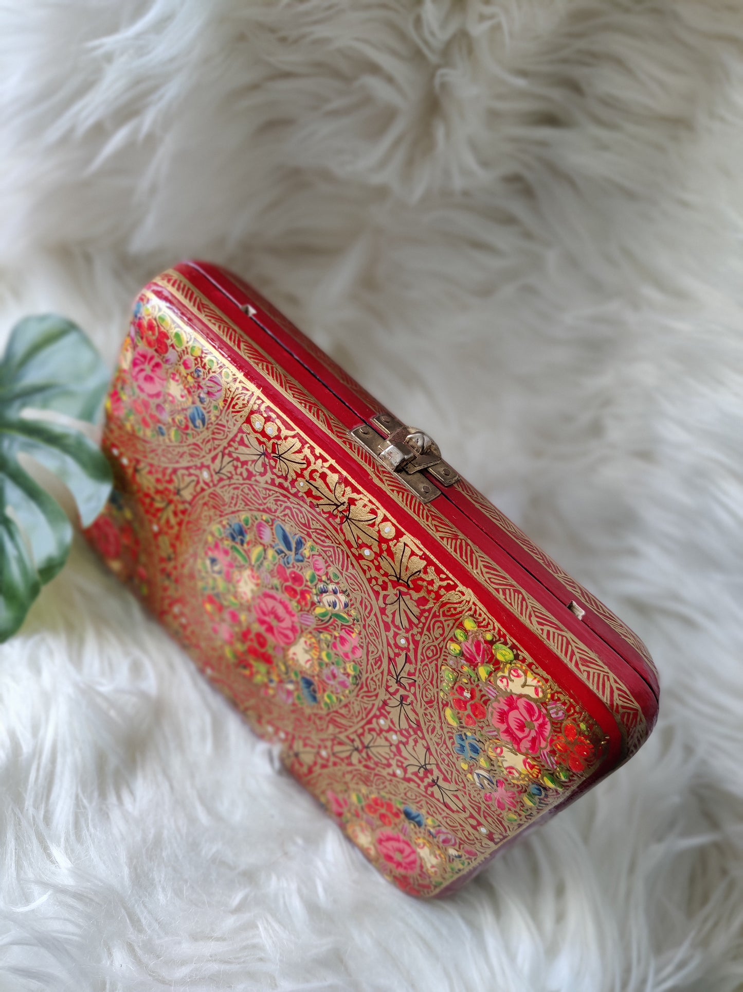 Kashmiri Papier Mache handmade bag in Hot Red and gold