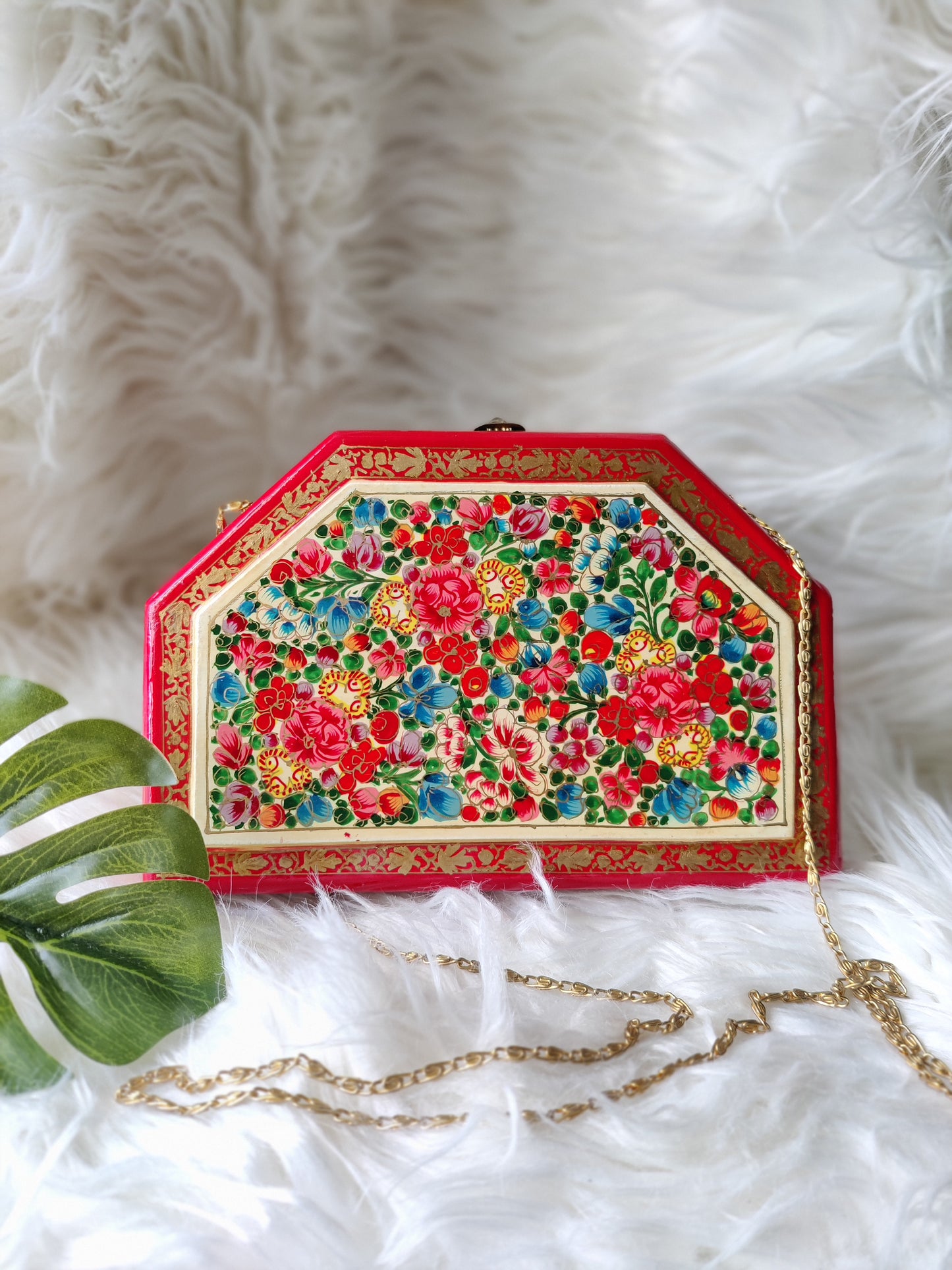 Kashmiri Papier Mache handmade bag in trapezoid shape