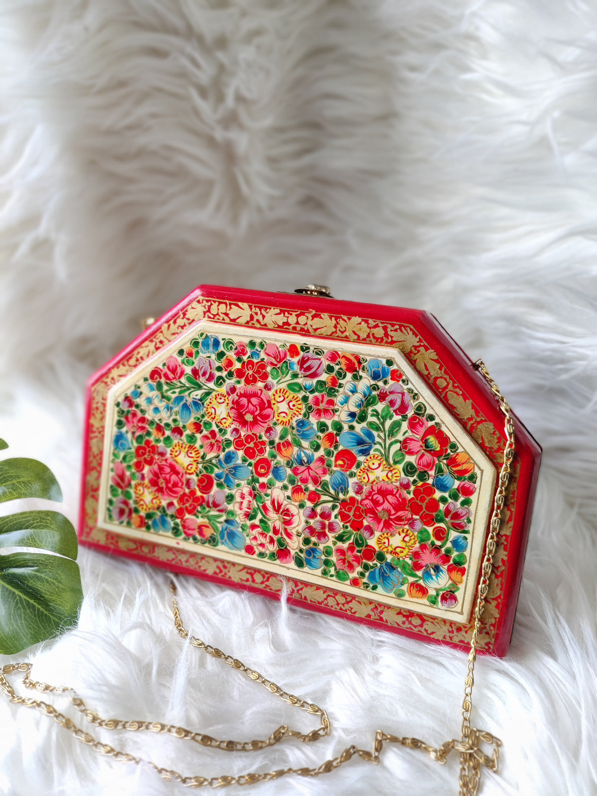 Kashmiri Papier Mache handmade bag in trapezoid shape