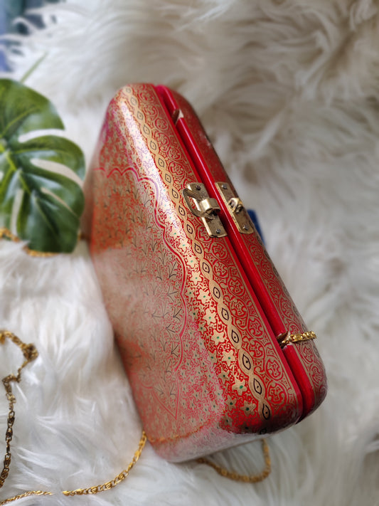 Kashmiri Papier Mache handmade clutch in red n gold Chinar motifs