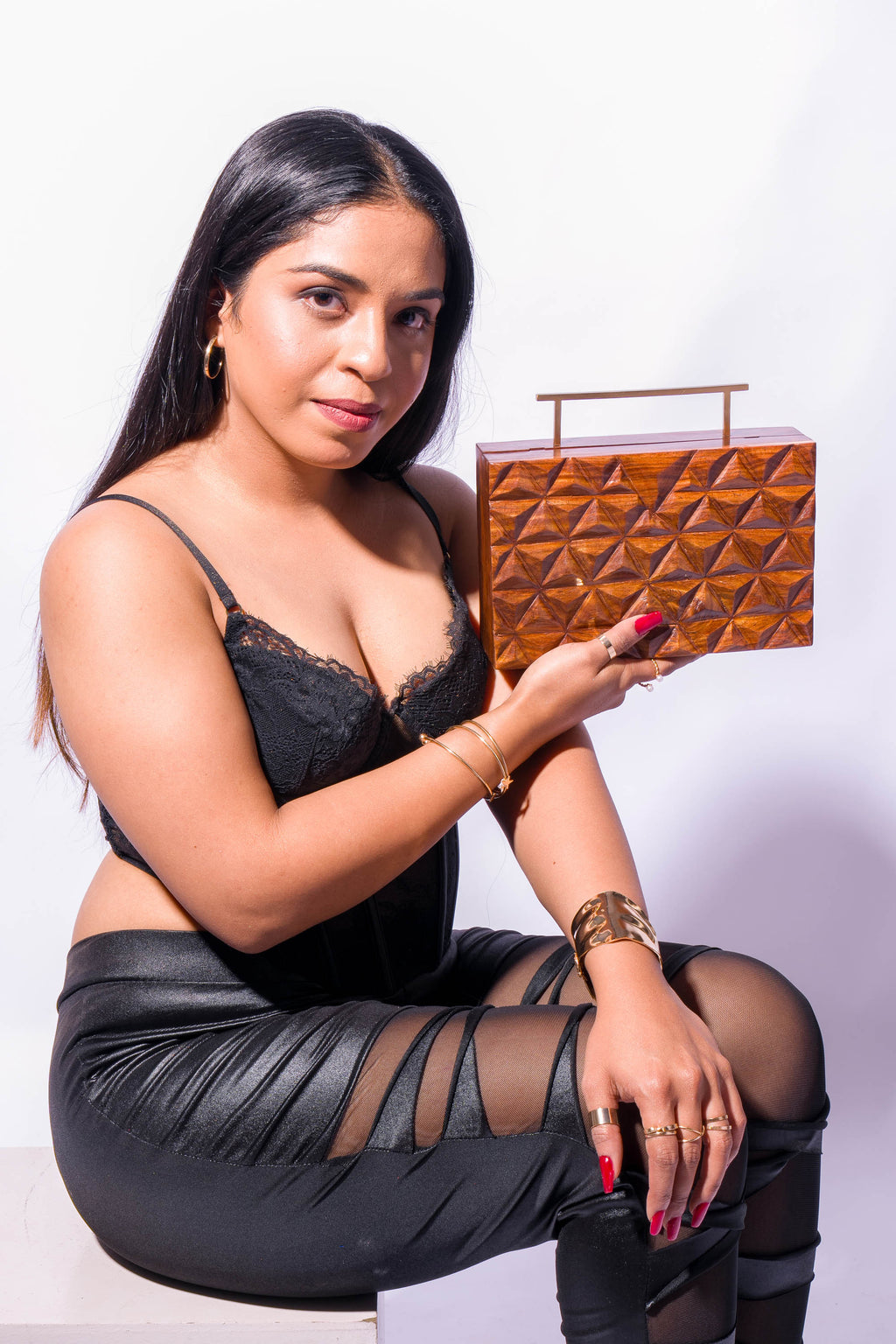 Hand Carved Triangle pattern bag with rectangular handle