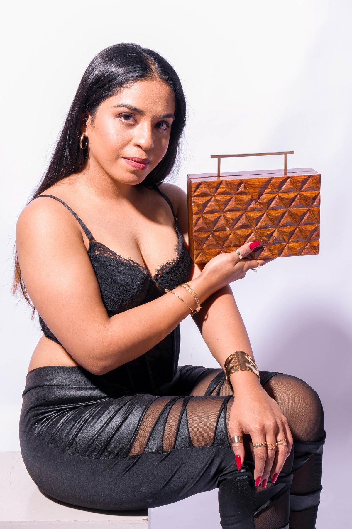Hand Carved Triangle pattern bag with rectangular handle