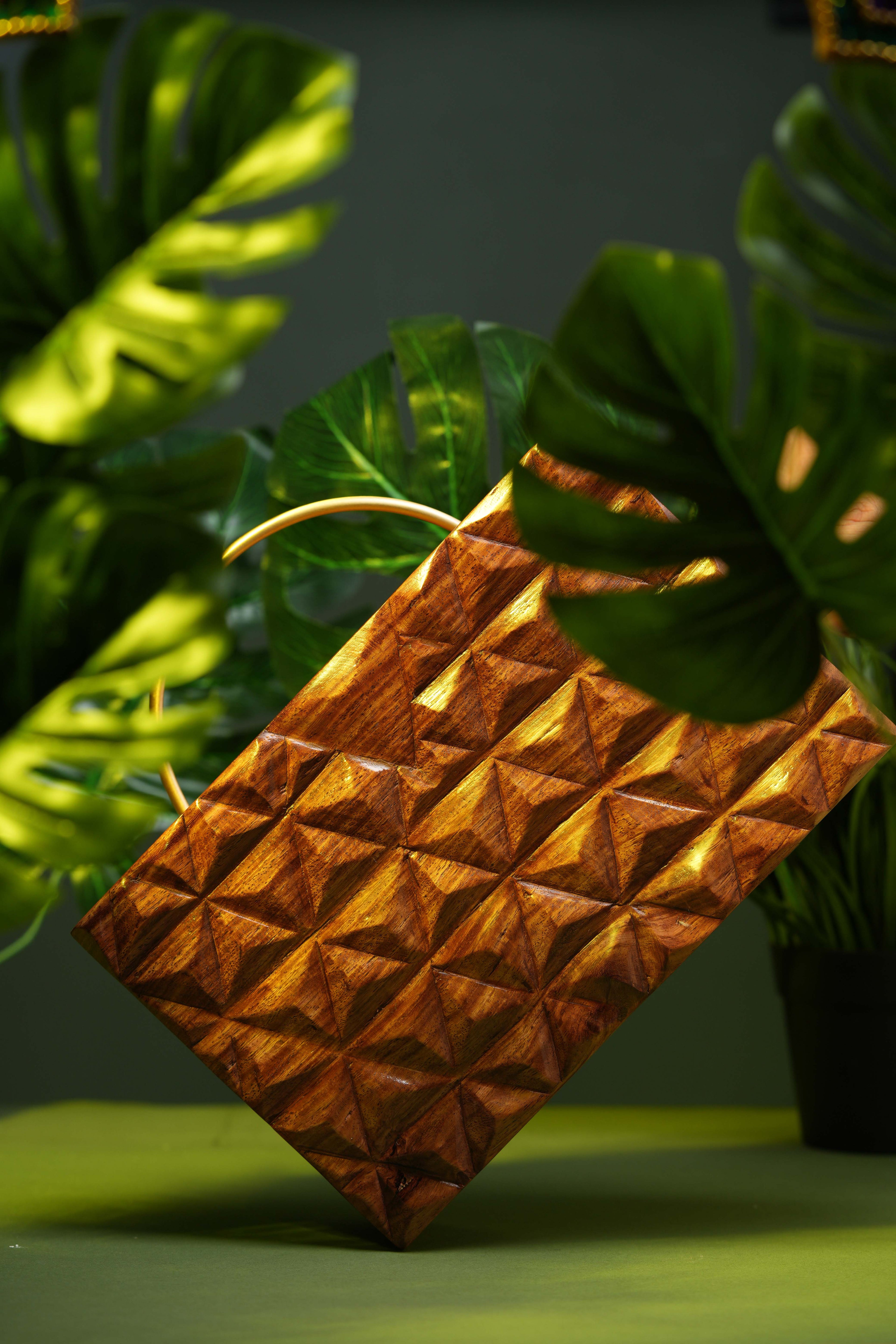 Hand Carved Triangle Geometric pattern bag with half round handle