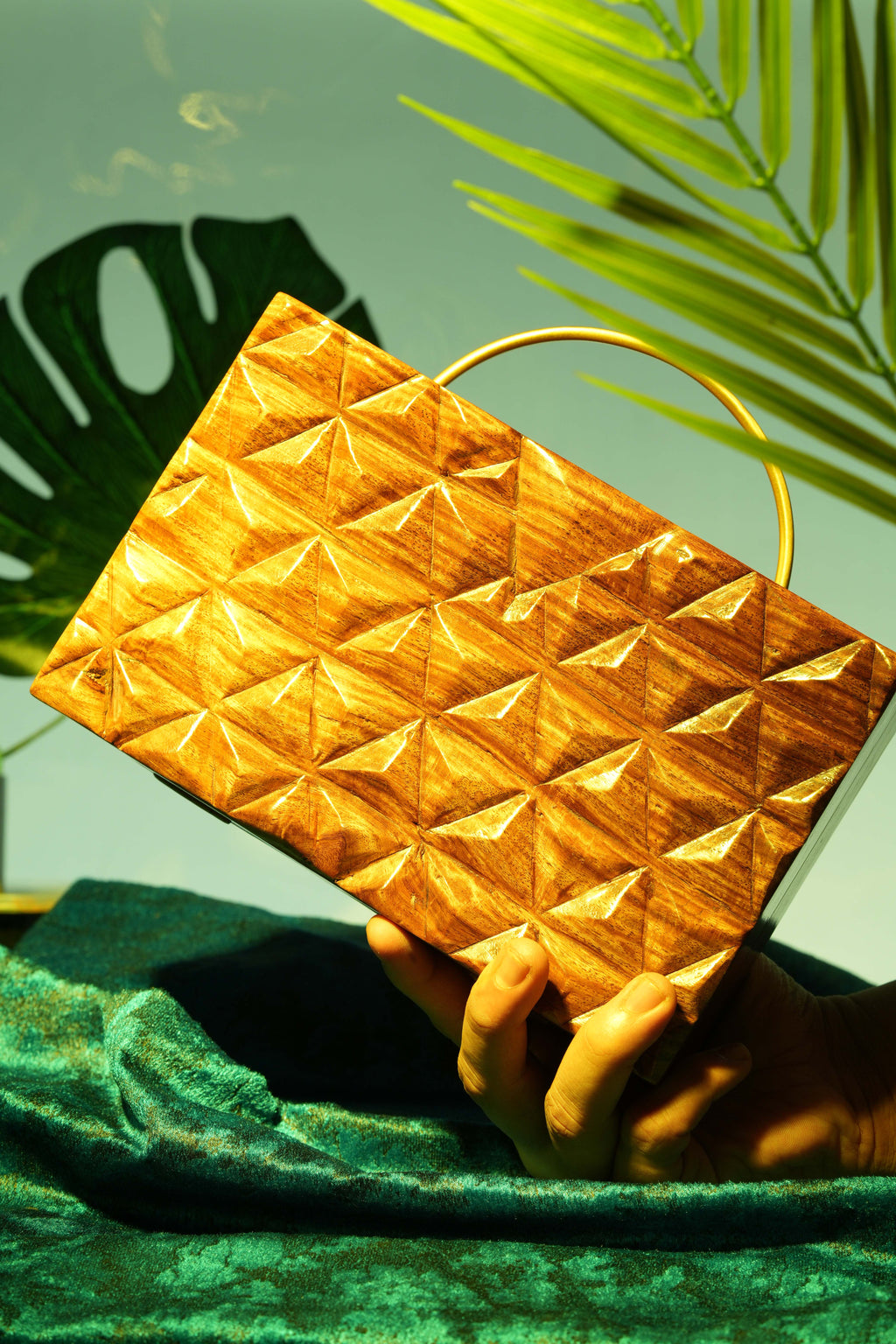 Hand Carved Triangle Geometric pattern bag with half round handle