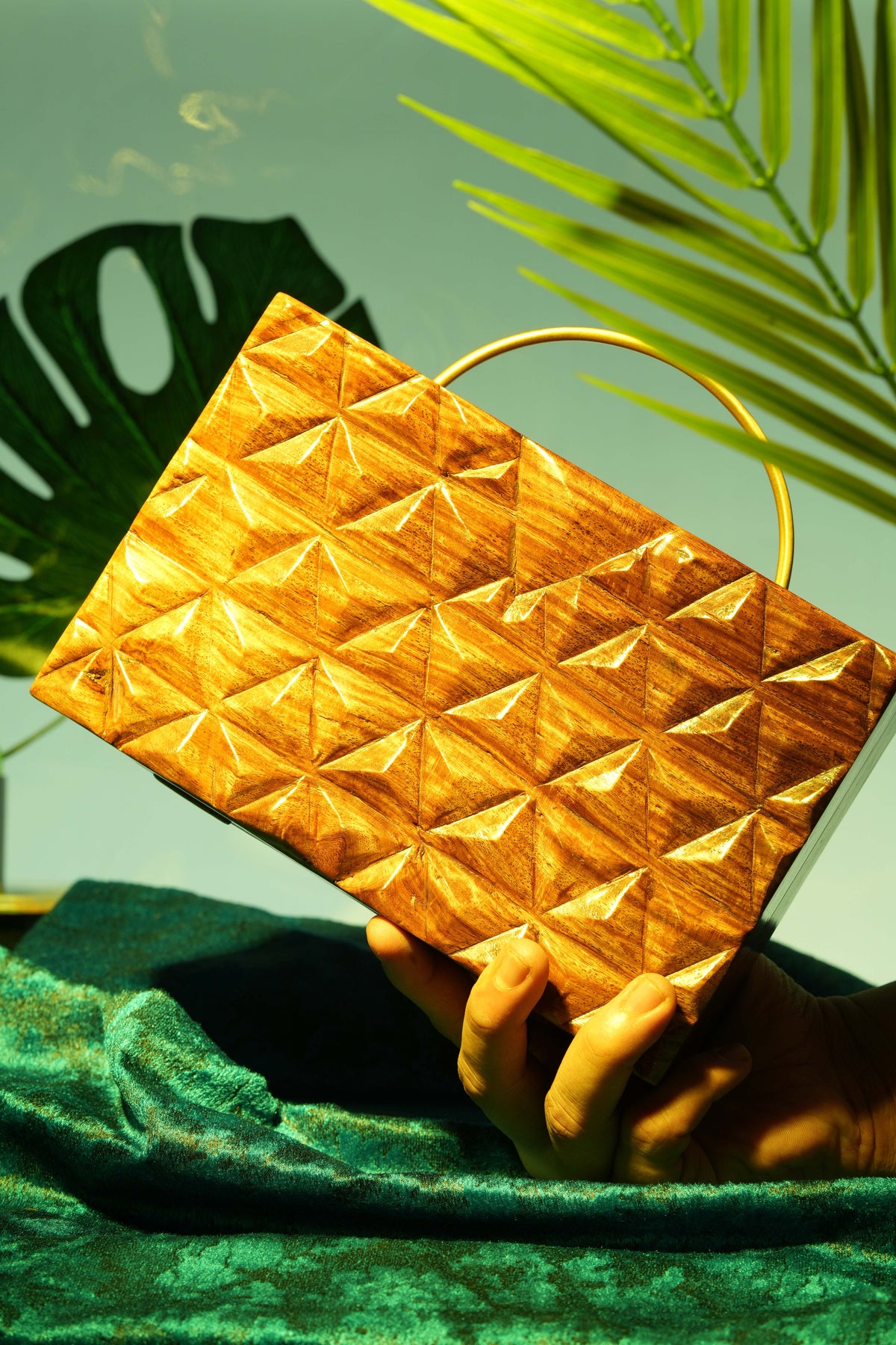 Hand Carved Triangle Geometric pattern bag with half round handle