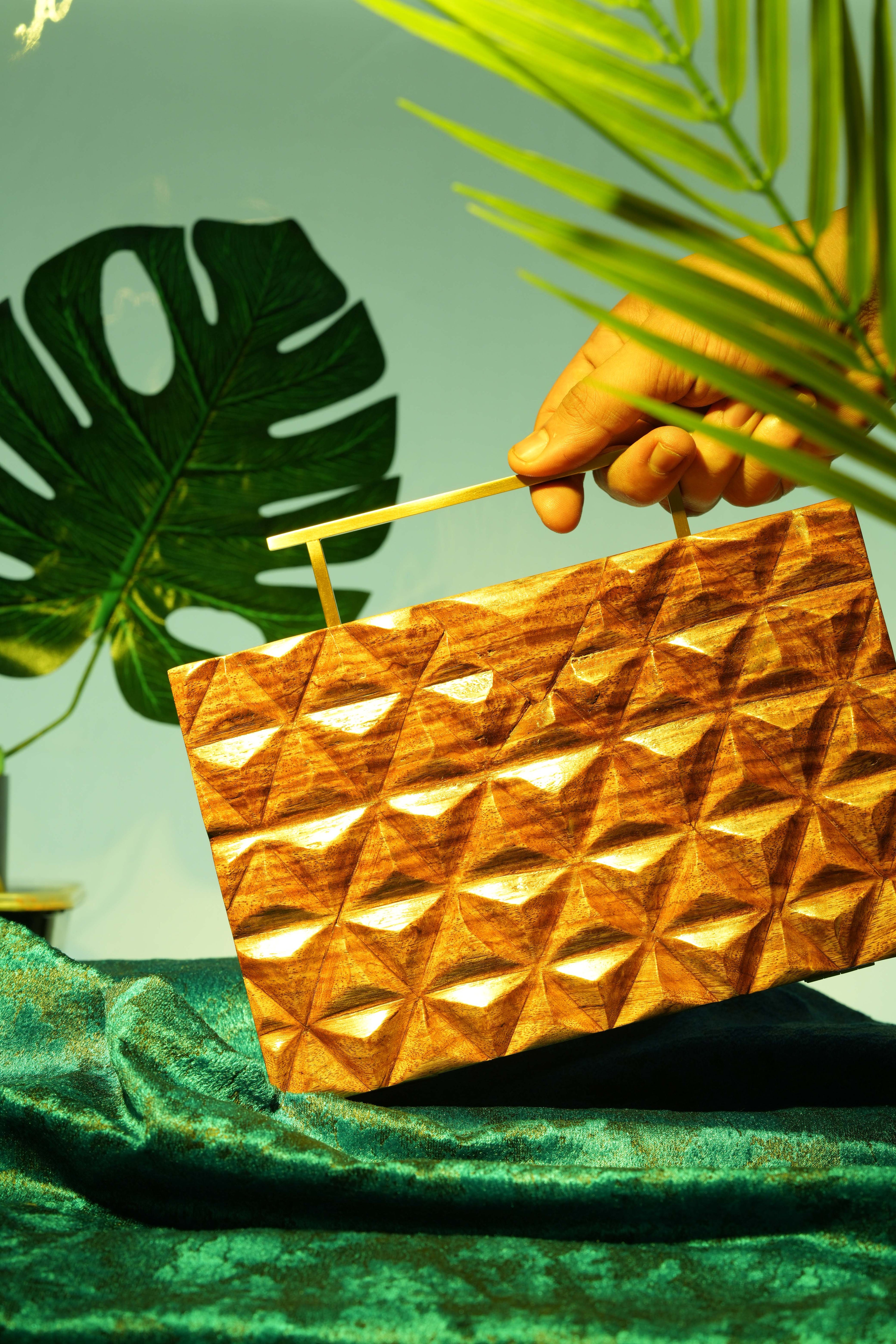 Hand Carved Triangle pattern bag with rectangular handle