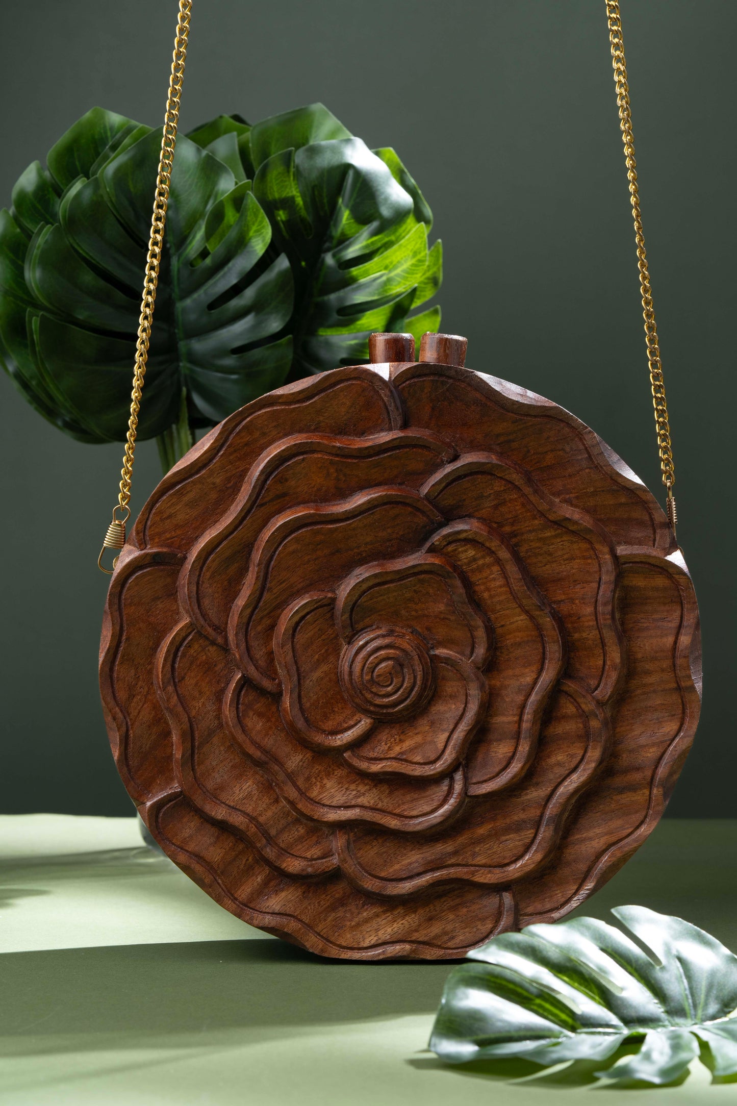 The Royals Rose Hand Carved Handbag in Sheesham wood