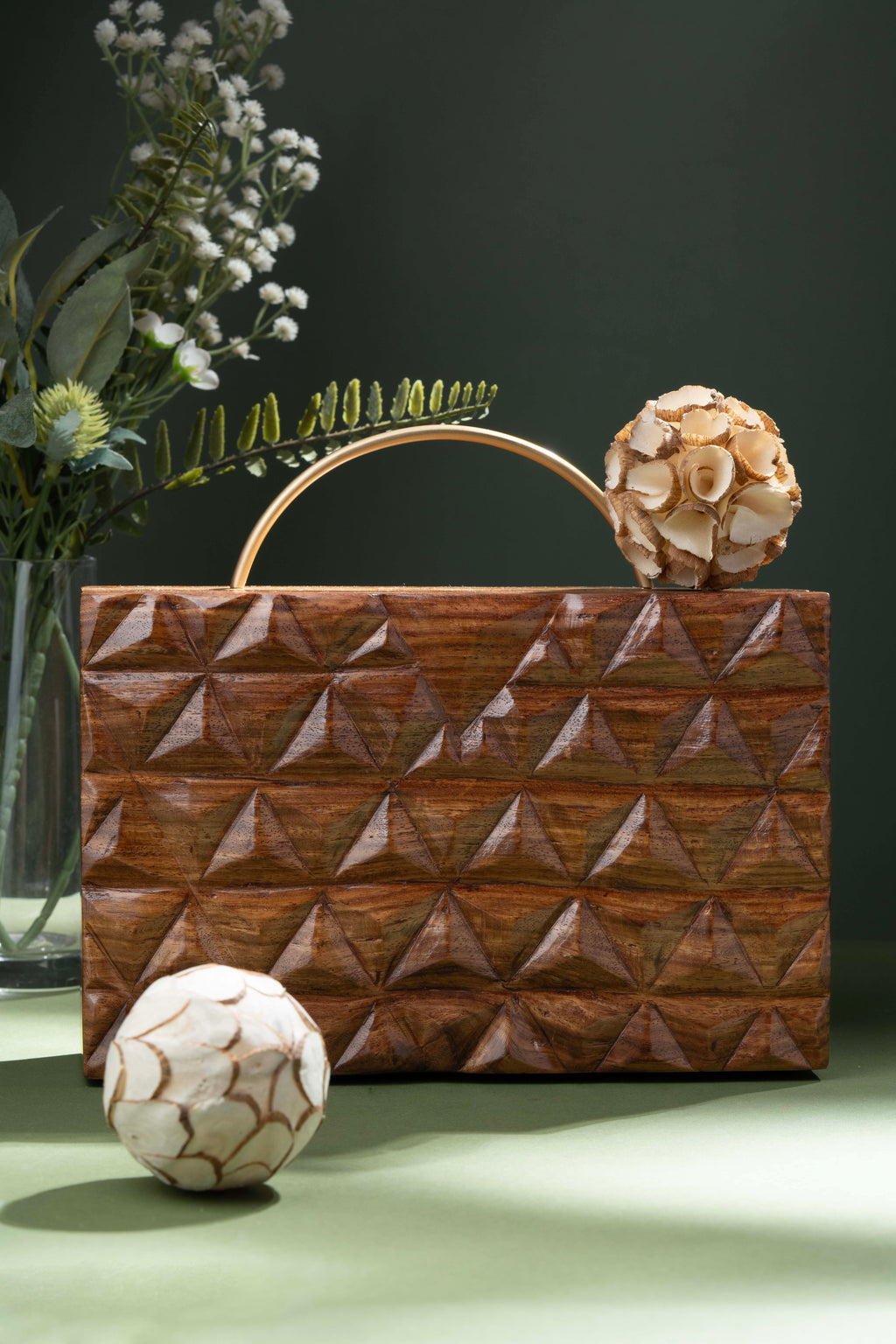 Hand Carved Triangle Geometric pattern bag with half round handle