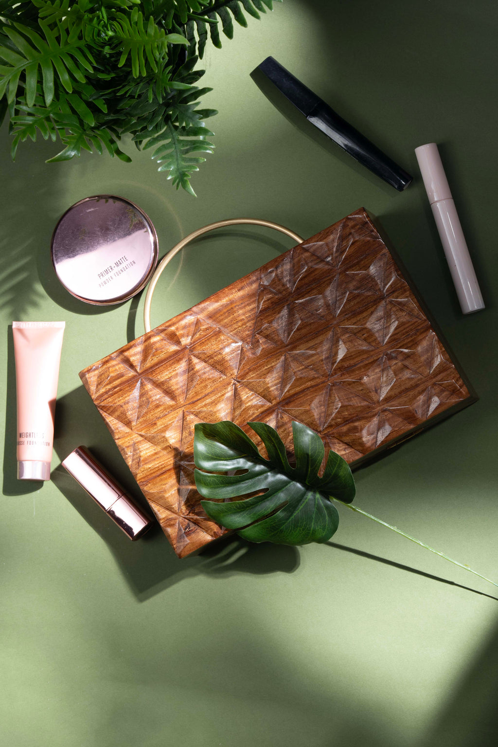 Hand Carved Triangle Geometric pattern bag with half round handle