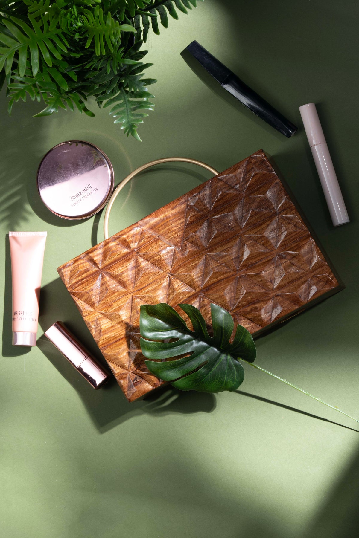 Hand Carved Triangle Geometric pattern bag with half round handle