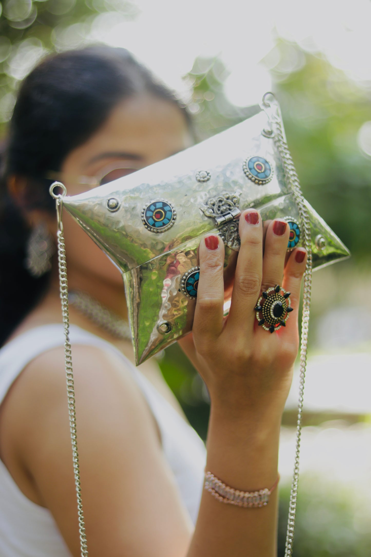 Aafreen Hammered Vintage brass bag with stone mosaic