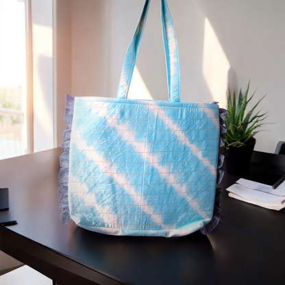 XLarge Tote Bag in Blue n White silk leheriya with Frill border