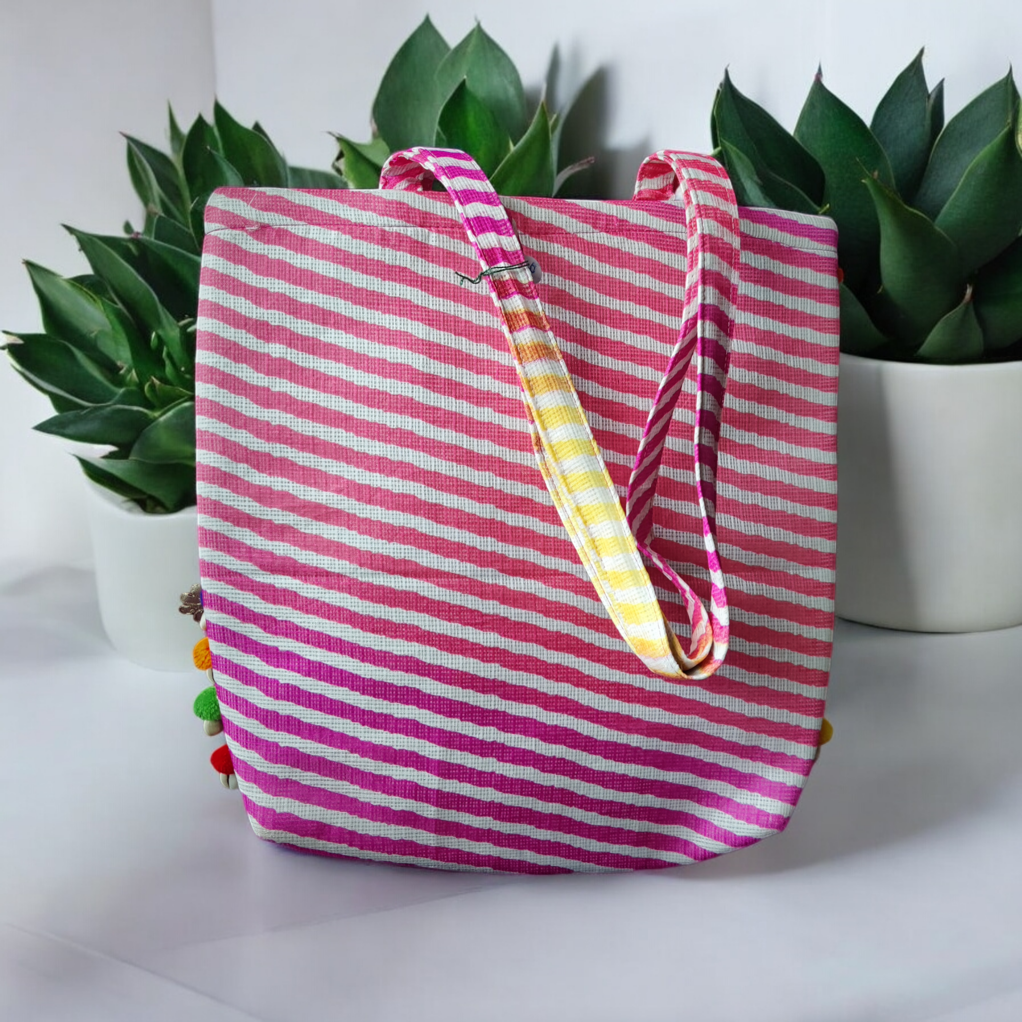 Large size Pom Pom Lace bag in Pink Leheriya Silk