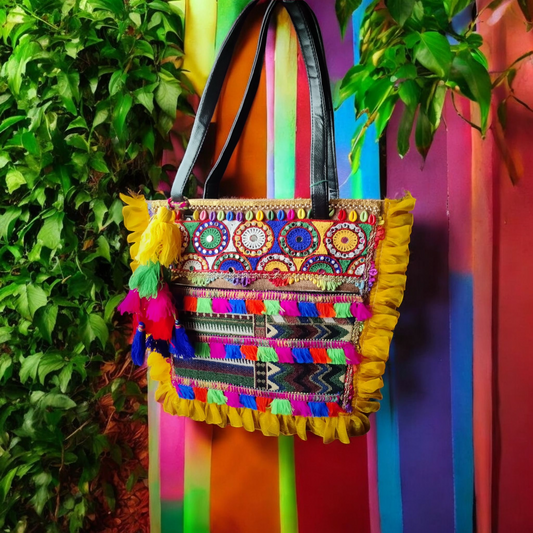 Vibrant Large size Tote Bag in Kutchi Patchwork and multicolour tassel